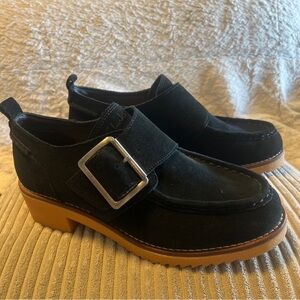 CLARKS Black Suede Eden Mid Monk Buckle Derby Oxford Shoes sz women 7.5 NWOB